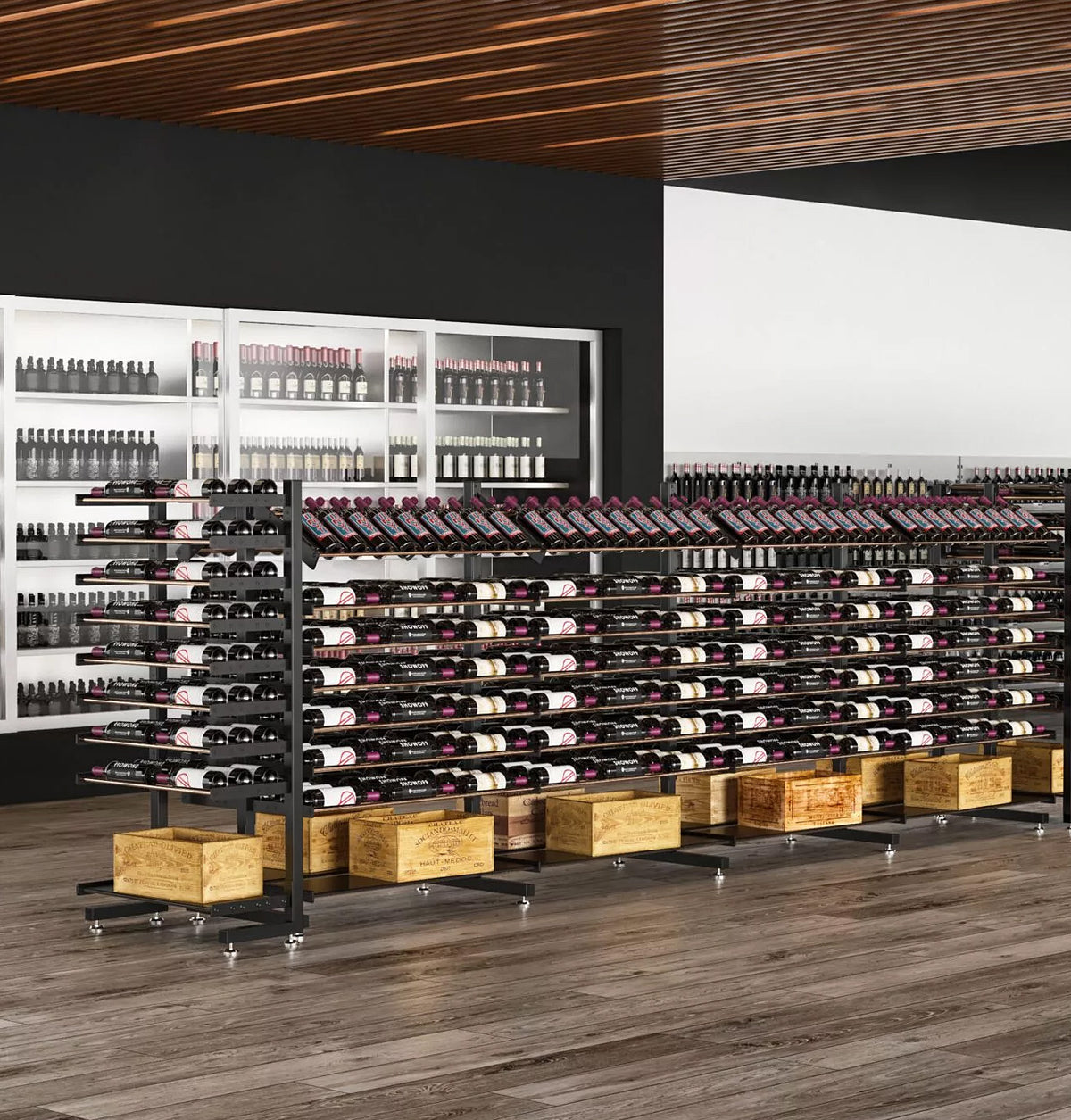 Double-sided island display rack interior with bottle storage shelves and black base