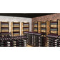 Multiple matte black double-sided wine bottle racks arranged in rows