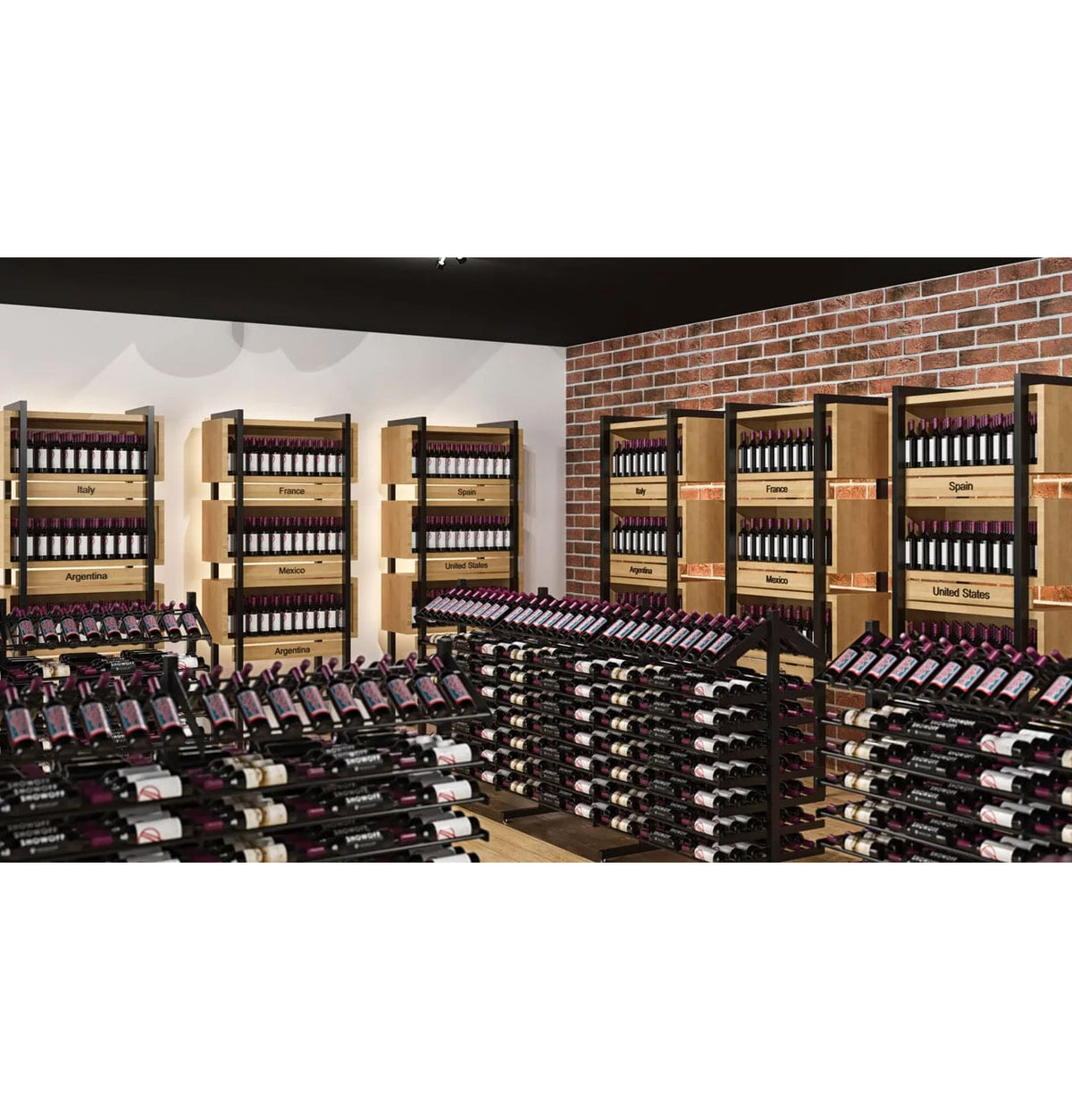 Multiple matte black double-sided wine bottle racks arranged in rows