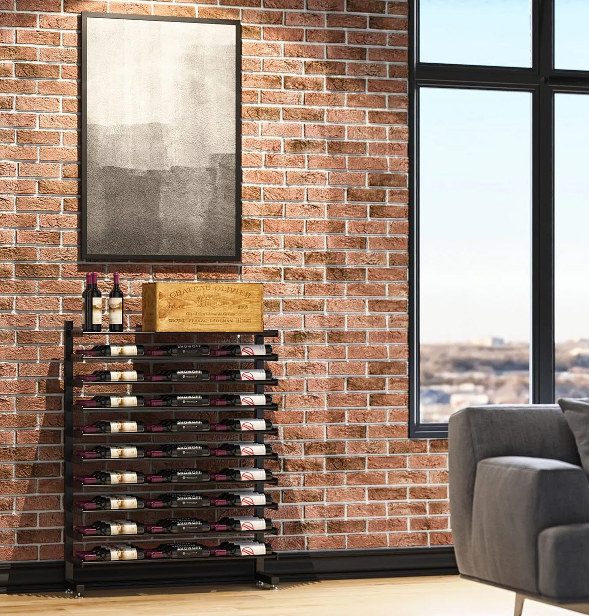 Double-sided island display rack with black metal frame and rows of wine bottles
