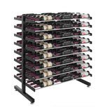 Matte black double-sided island wine bottle display rack with multiple horizontal bottle rows