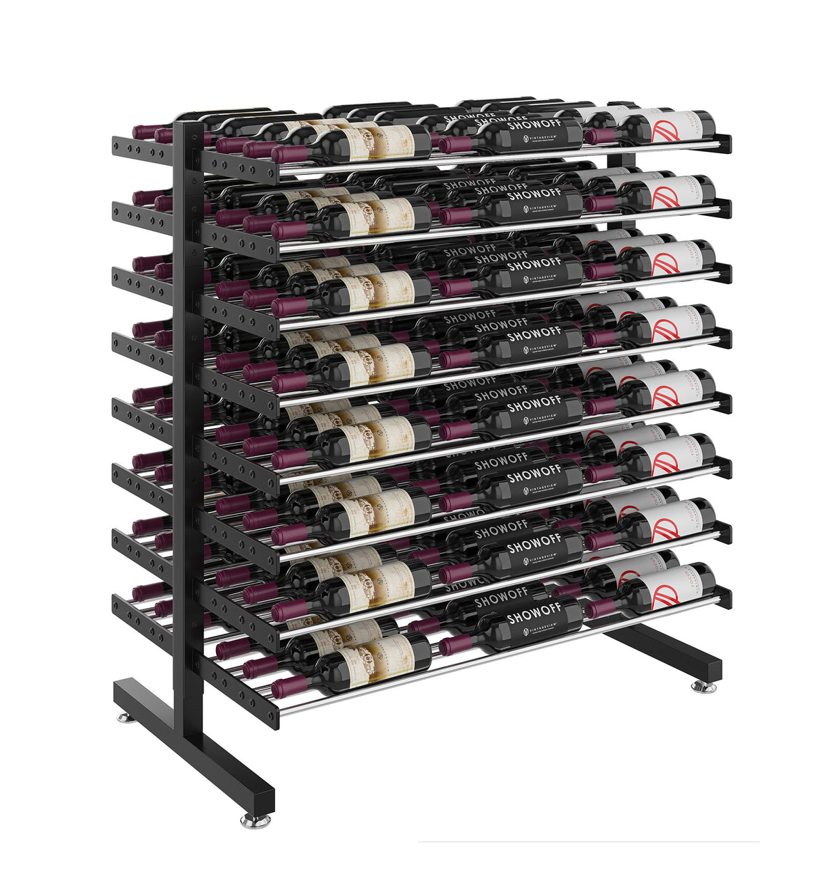Matte black double-sided island wine bottle display rack with multiple horizontal bottle rows