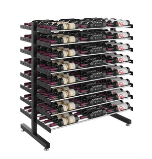 Matte black double-sided island wine bottle display rack with multiple horizontal bottle rows