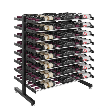 Matte black double-sided island wine bottle display rack with multiple horizontal bottle rows