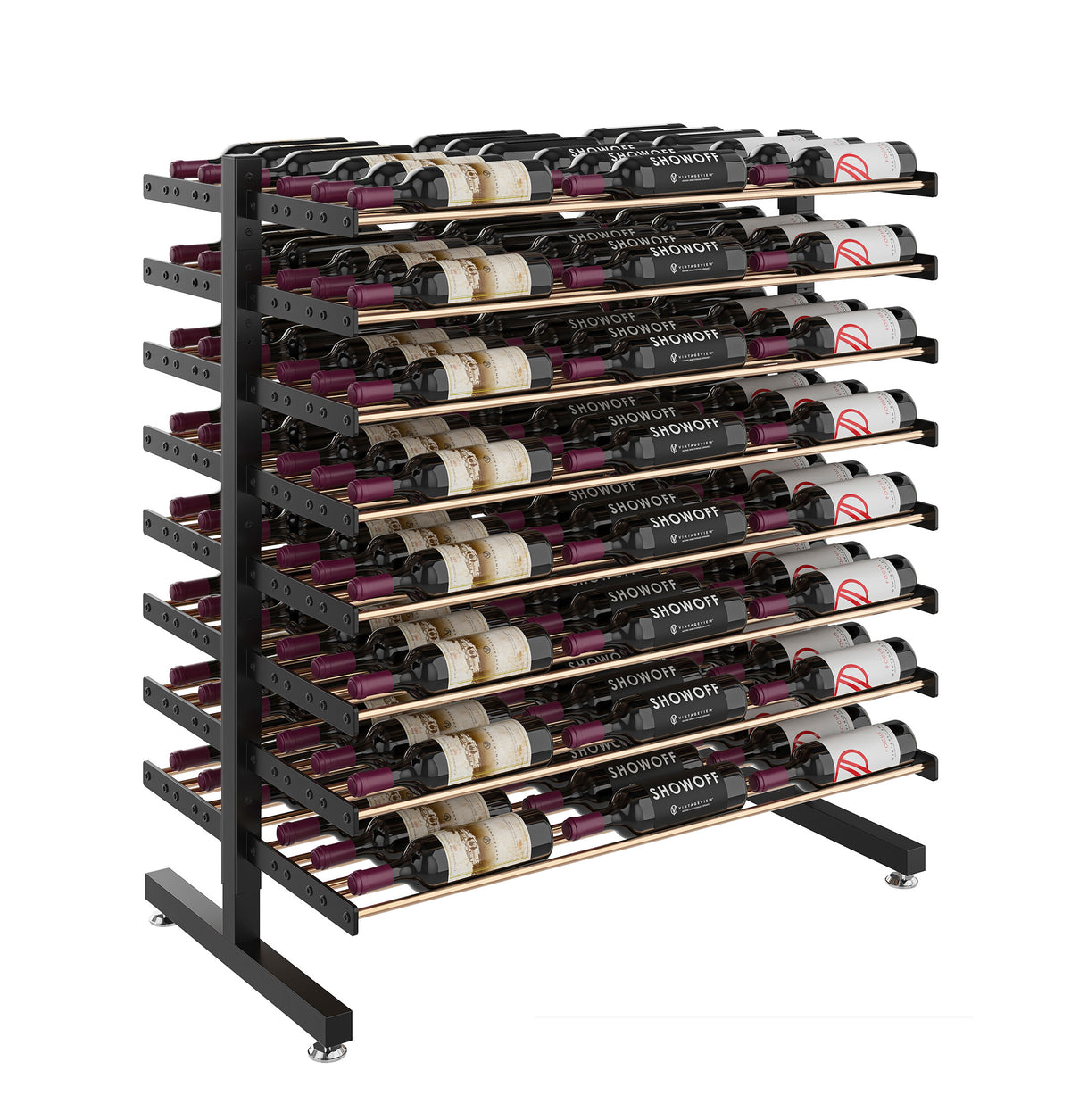 Matte black double-sided island wine rack holding rows of bottles on tiered rails