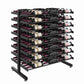 Matte black double-sided wine bottle display rack on caster feet with multi-row storage