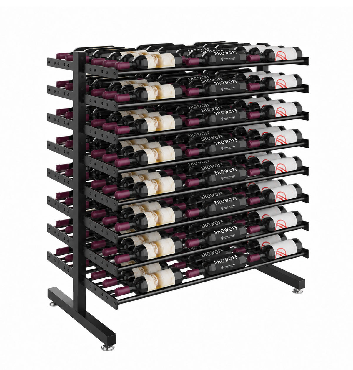 Matte black double-sided wine bottle display rack on caster feet with multi-row storage