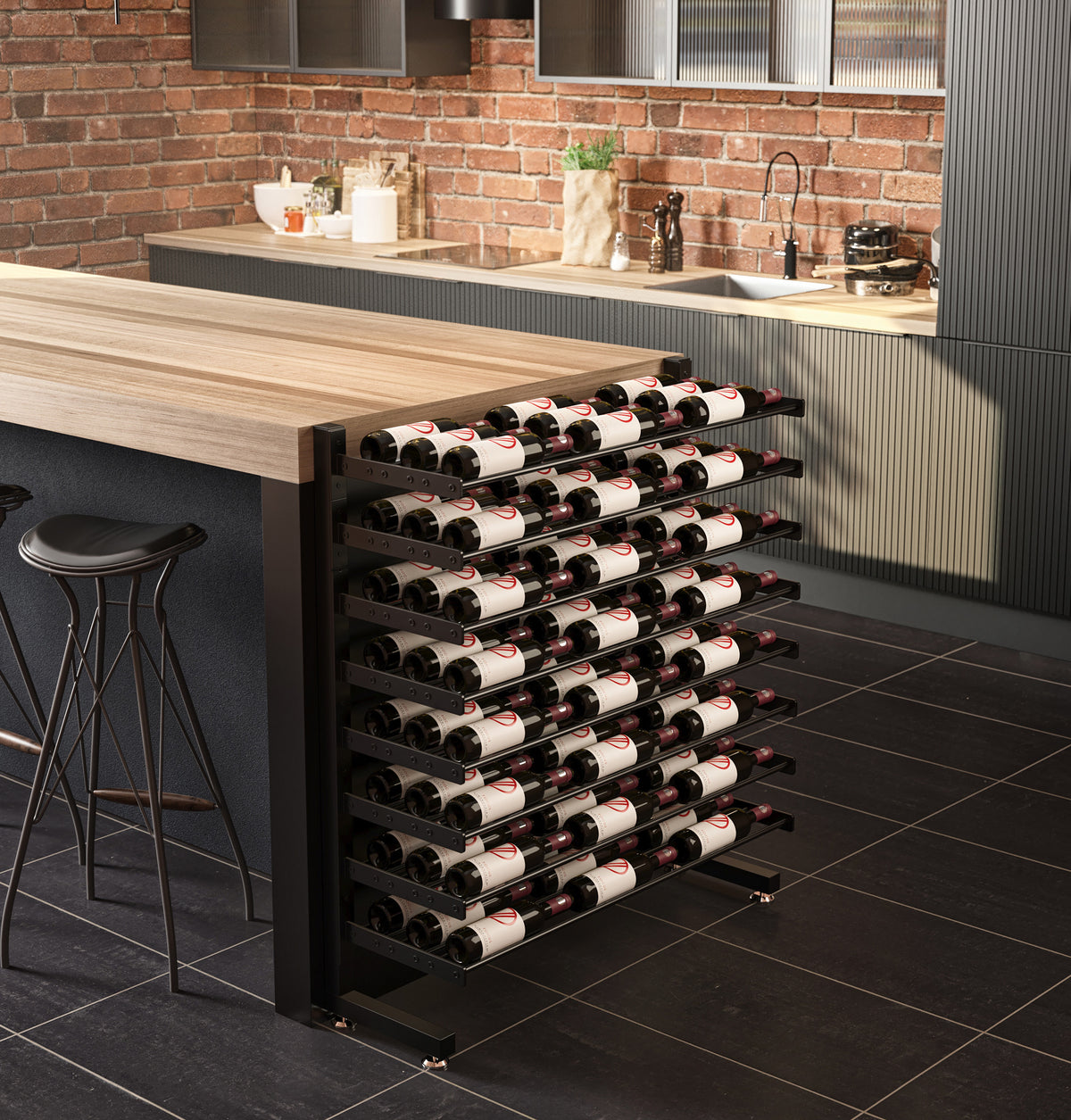 Matte black wine bottle island rack with double-sided, multi-tier storage for bottles