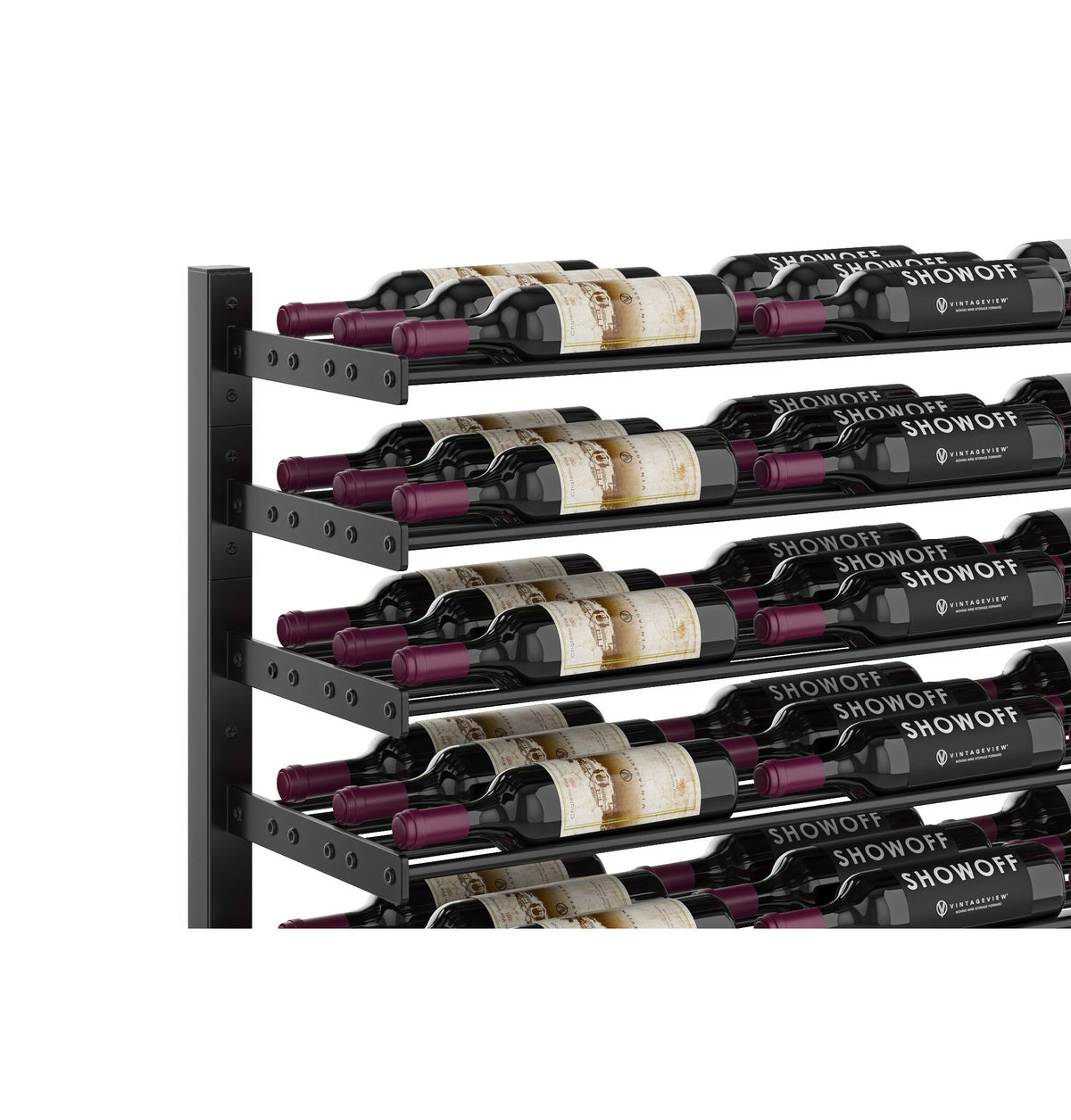Single-sided wine bottle rack close-up, matte black rails holding wine bottles