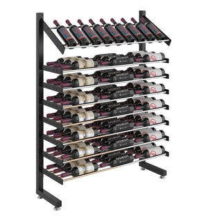 Matte black single-sided wine display rack with angled top row and side support legs