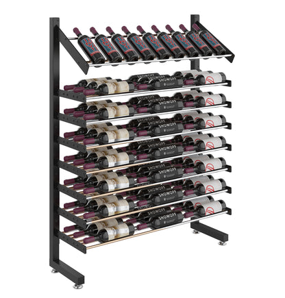 Matte black single-sided wine display rack with angled top row and side support legs