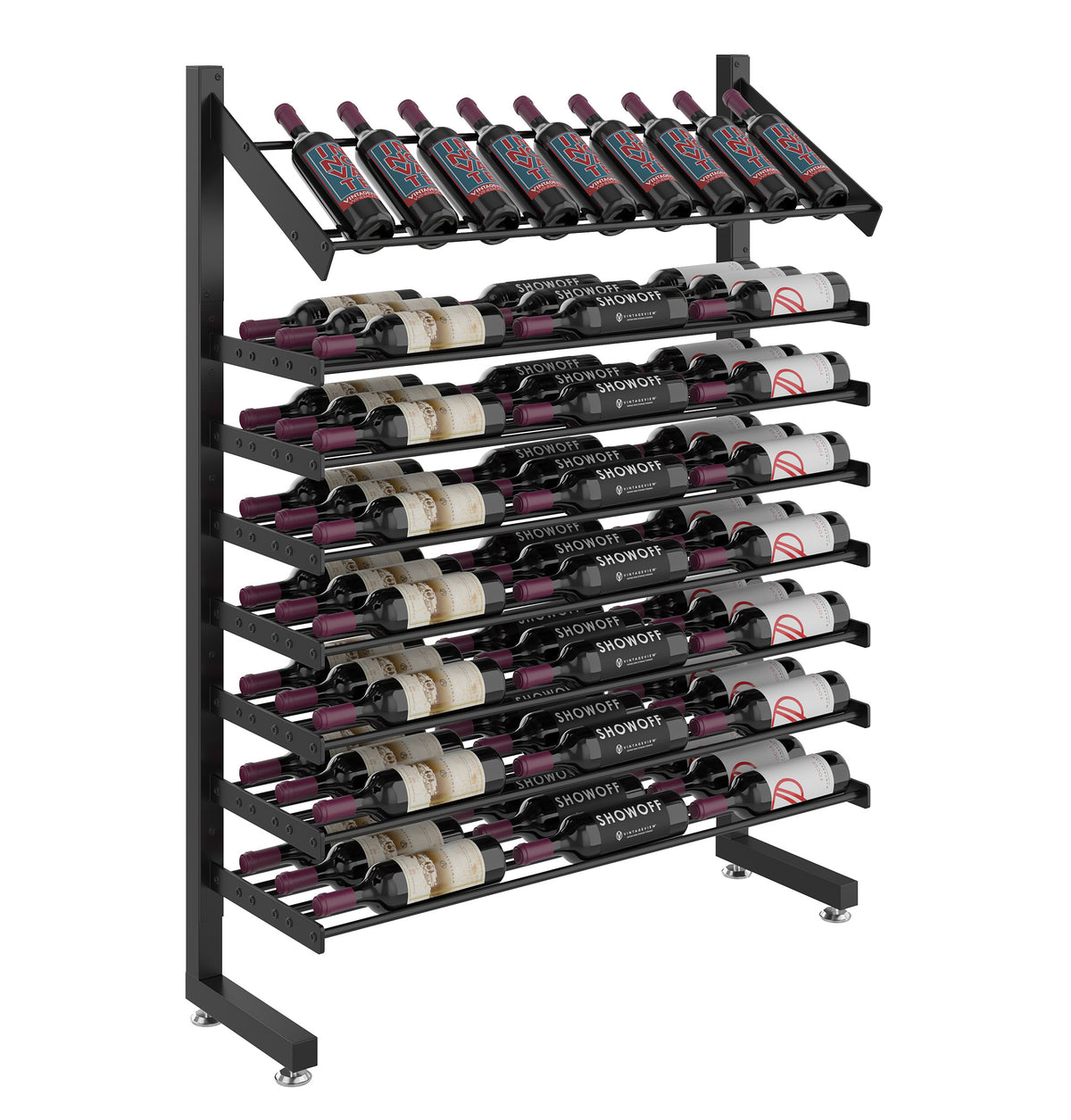 Matte black single-sided wine display rack with angled top row and bottle shelves