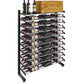 Single-sided wine bottle display rack with shelf, matte black frame with bottles and gold board