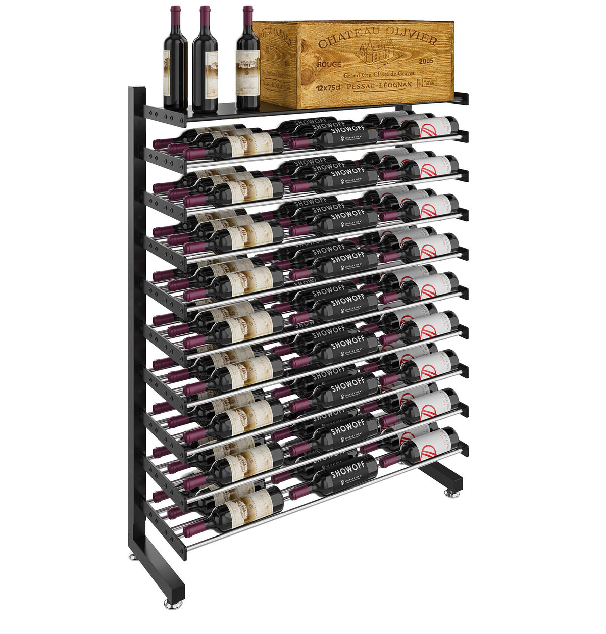Single-sided wine bottle display rack with shelf, matte black frame with bottles and gold board