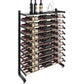 Single-sided wine bottle display rack with shelf, matte black frame with bottles and glass decor