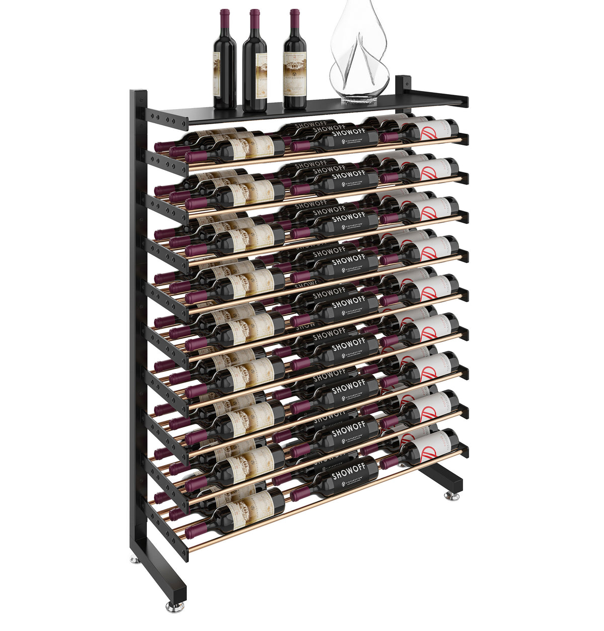 Single-sided wine bottle display rack with shelf, matte black frame with bottles and glass decor