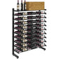 Single-sided wine bottle display rack with shelf, matte black frame and bottles with gold board