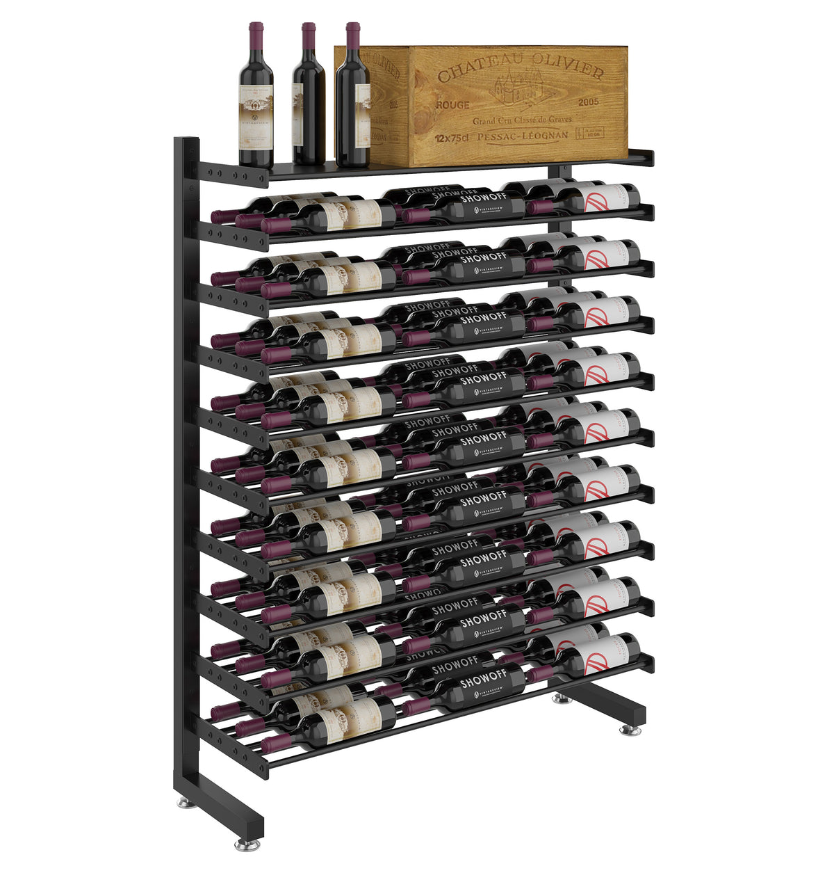 Single-sided wine bottle display rack with shelf, matte black frame and bottles with gold board