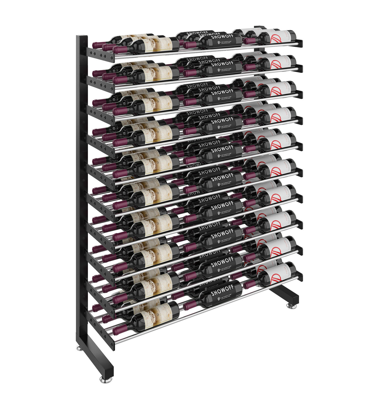 Single-sided wine bottle rack with matte black frame, multiple rows of bottles