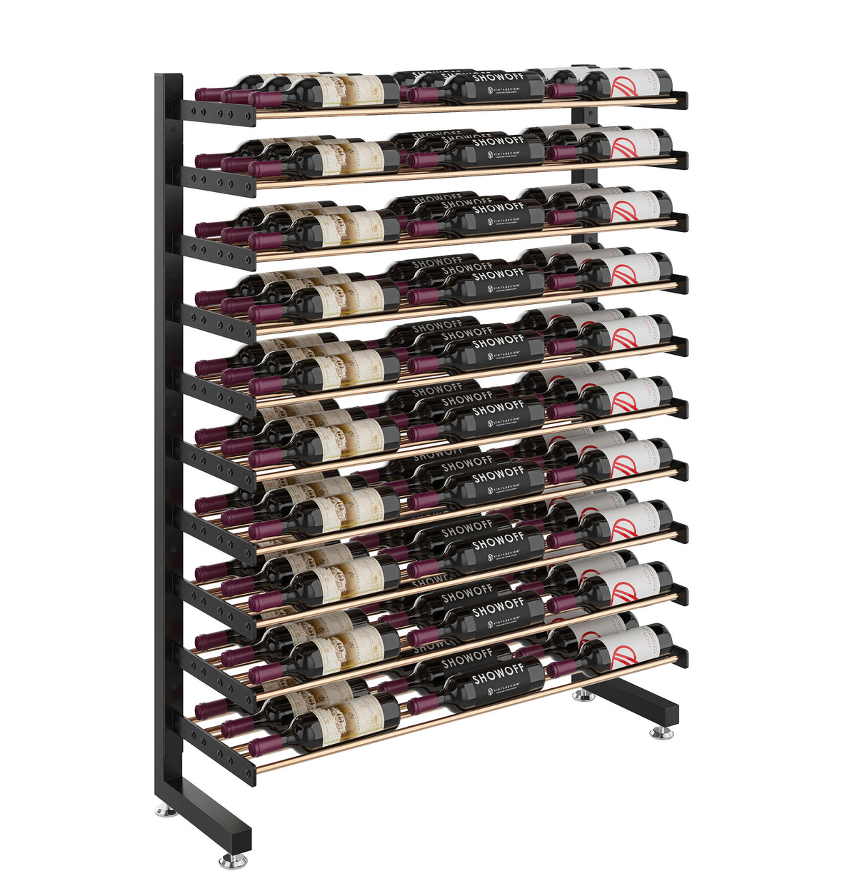 Single-sided wine bottle rack angled view, matte black frame with stacked bottles