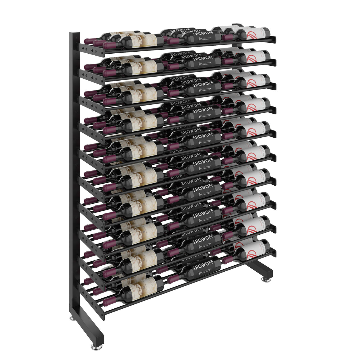 Single-sided wine bottle rack perspective view, matte black frame with wine bottles