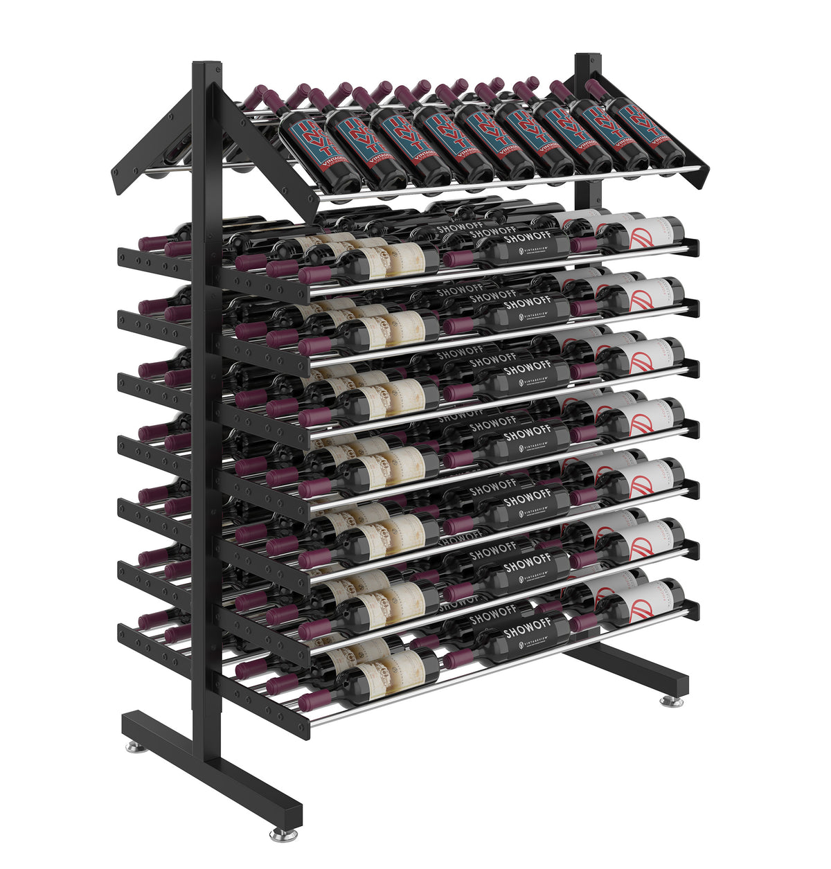 Double-sided wine bottle display rack with black frame, bottle cradles, and base