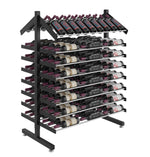 Double-sided wine bottle display rack with black frame, bottle cradles, and base