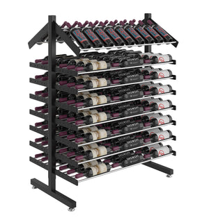 Double-sided wine bottle display rack with black frame, bottle cradles, and base
