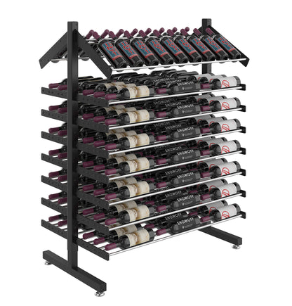 Double-sided wine bottle display rack with black frame, bottle cradles, and base