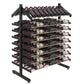 Double-sided wine bottle display rack with black metal frame and multiple bottle rows