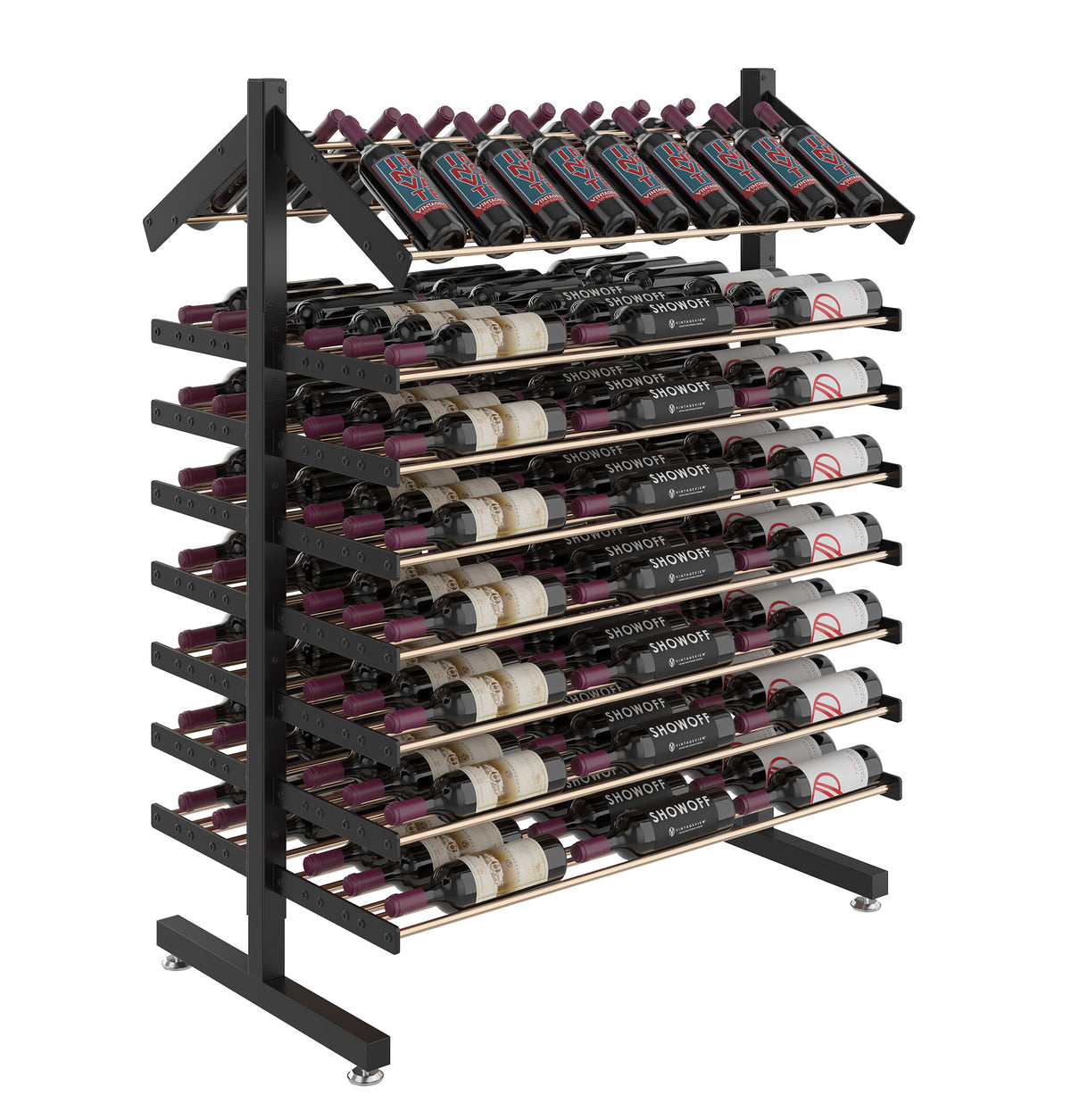 Double-sided wine bottle display rack with black metal frame and multiple bottle rows