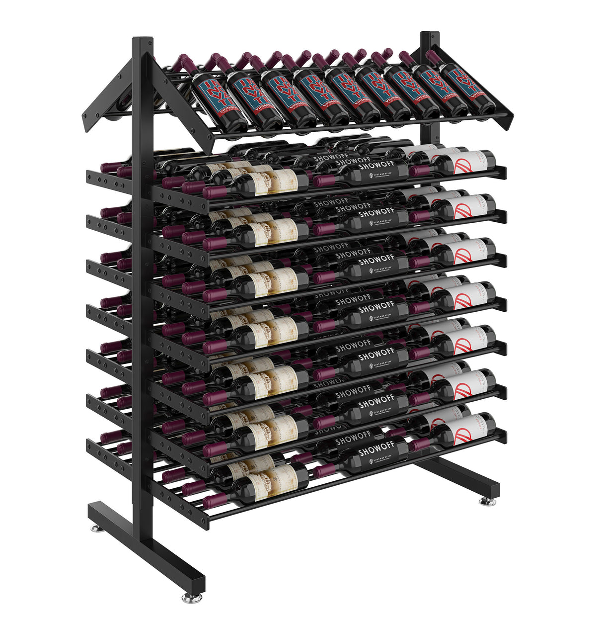 Double-sided wine bottle display rack with black frame and organized bottle rows