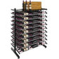 Double-sided wine bottle display rack with shelf, black metal, casters and tiered bottle slots
