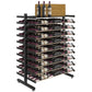Double-sided wine bottle display rack with shelf, black metal, bottles arranged in rows