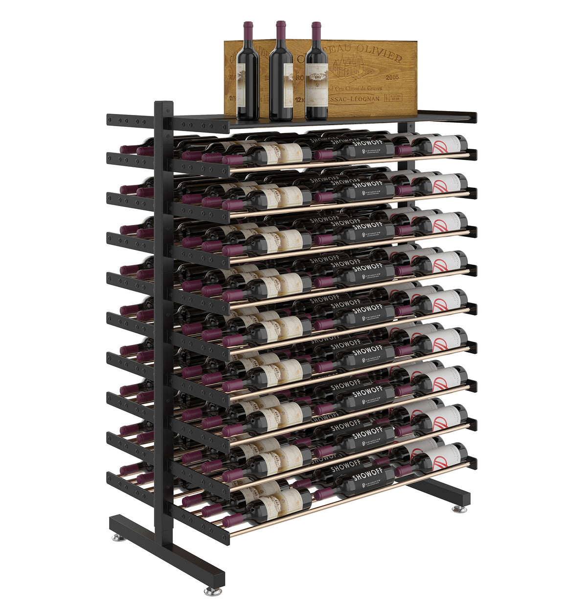 Double-sided wine bottle display rack with shelf, black metal, bottles arranged in rows