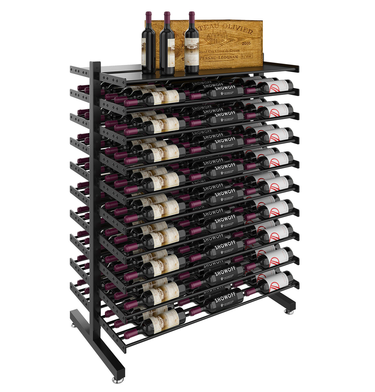 Double-sided wine bottle display rack with shelf, black metal, tiered display on rolling casters