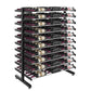 Double-sided wine display rack with black metal shelves holding rows of wine bottles