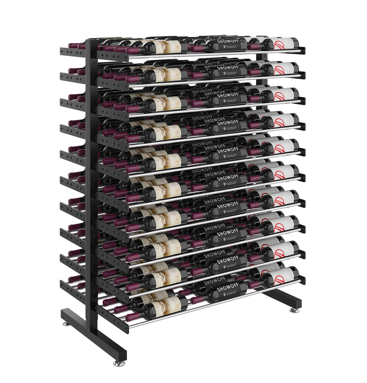 Double-sided wine display rack with black metal shelves holding rows of wine bottles