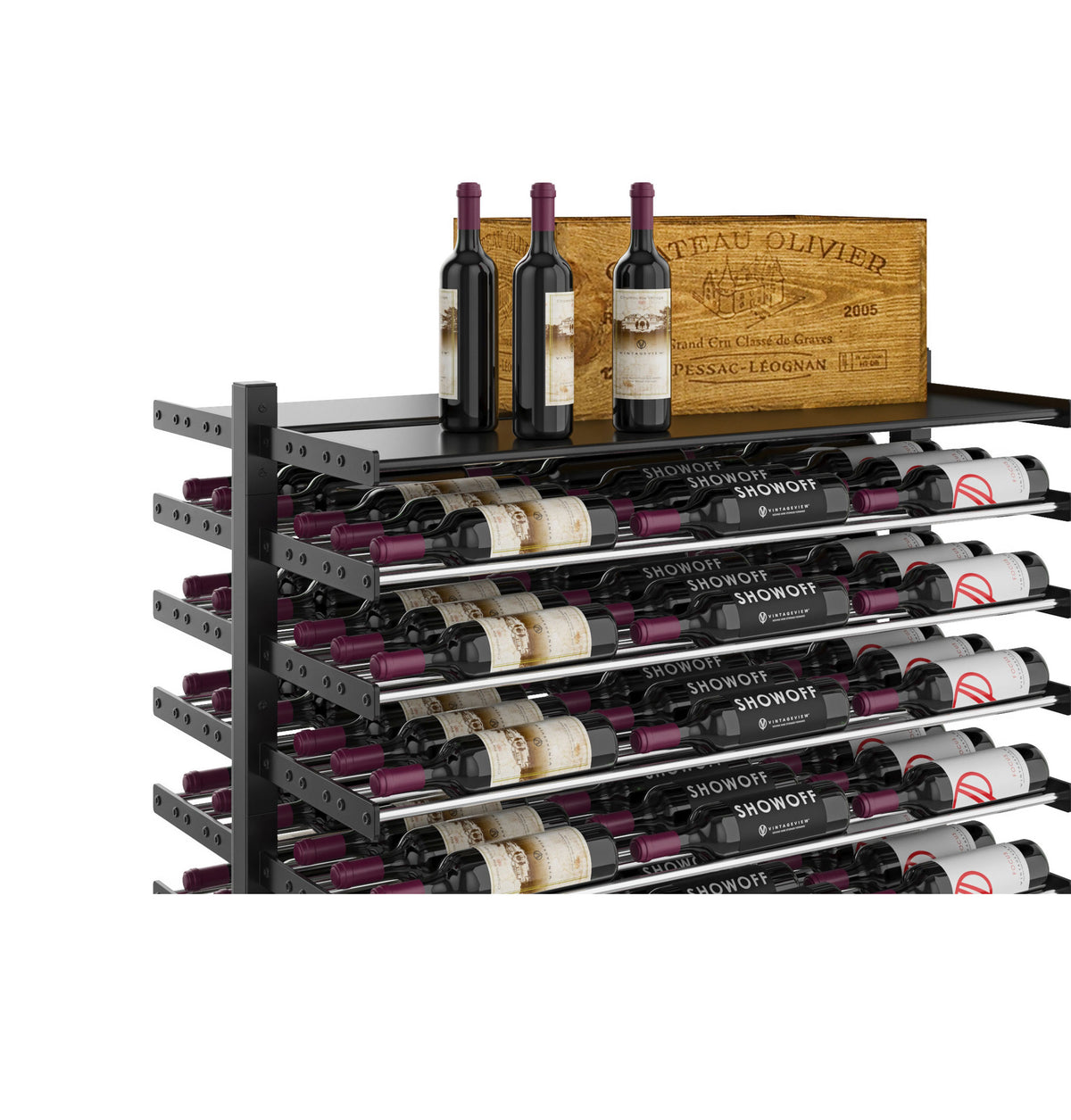 Wine bottle display rack with top shelf and double-sided rows of red and white bottles