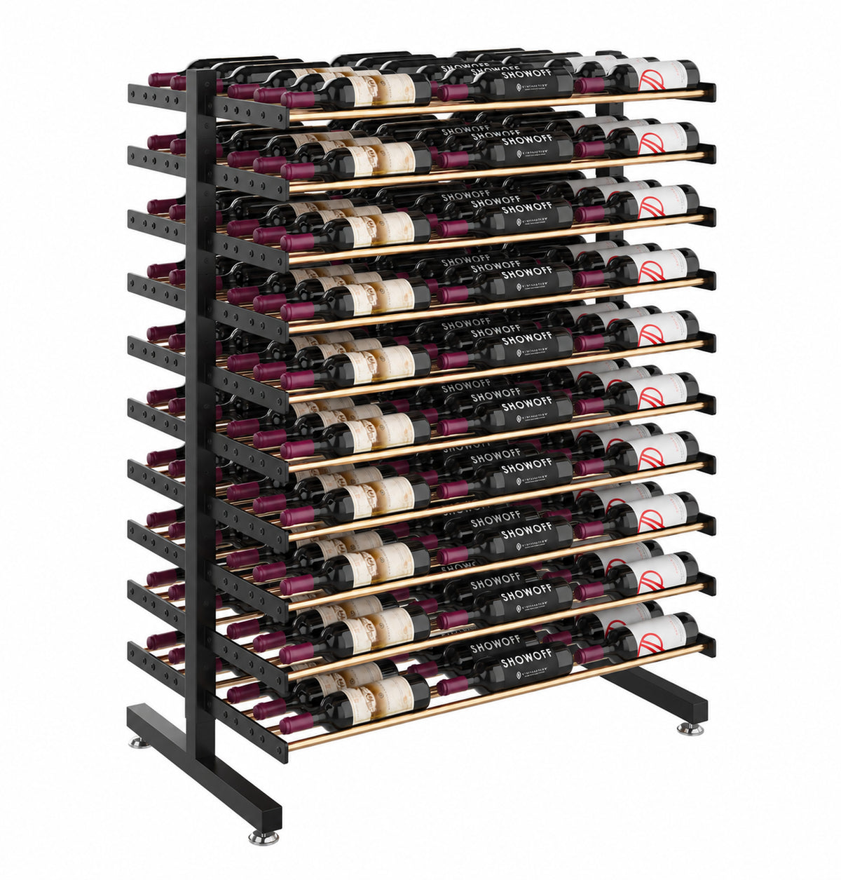 Matte black double-sided wine display rack with stacked rows of bottles on metal rails