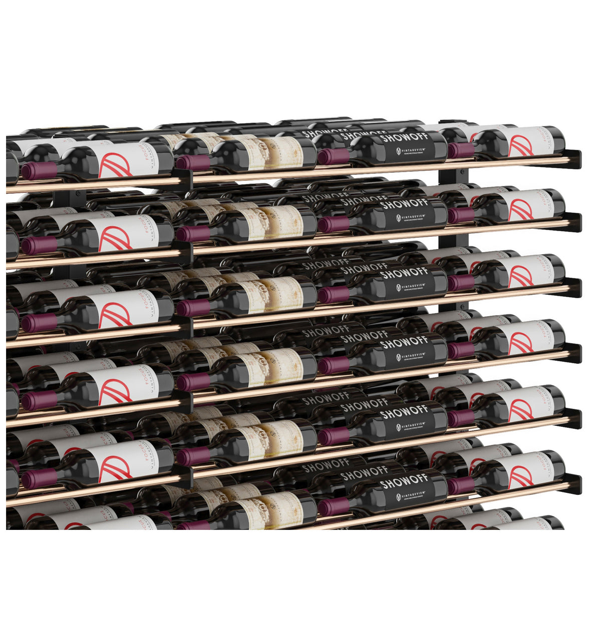 Close-up of wine bottles on a black double-sided display rack with labeled bottle fronts