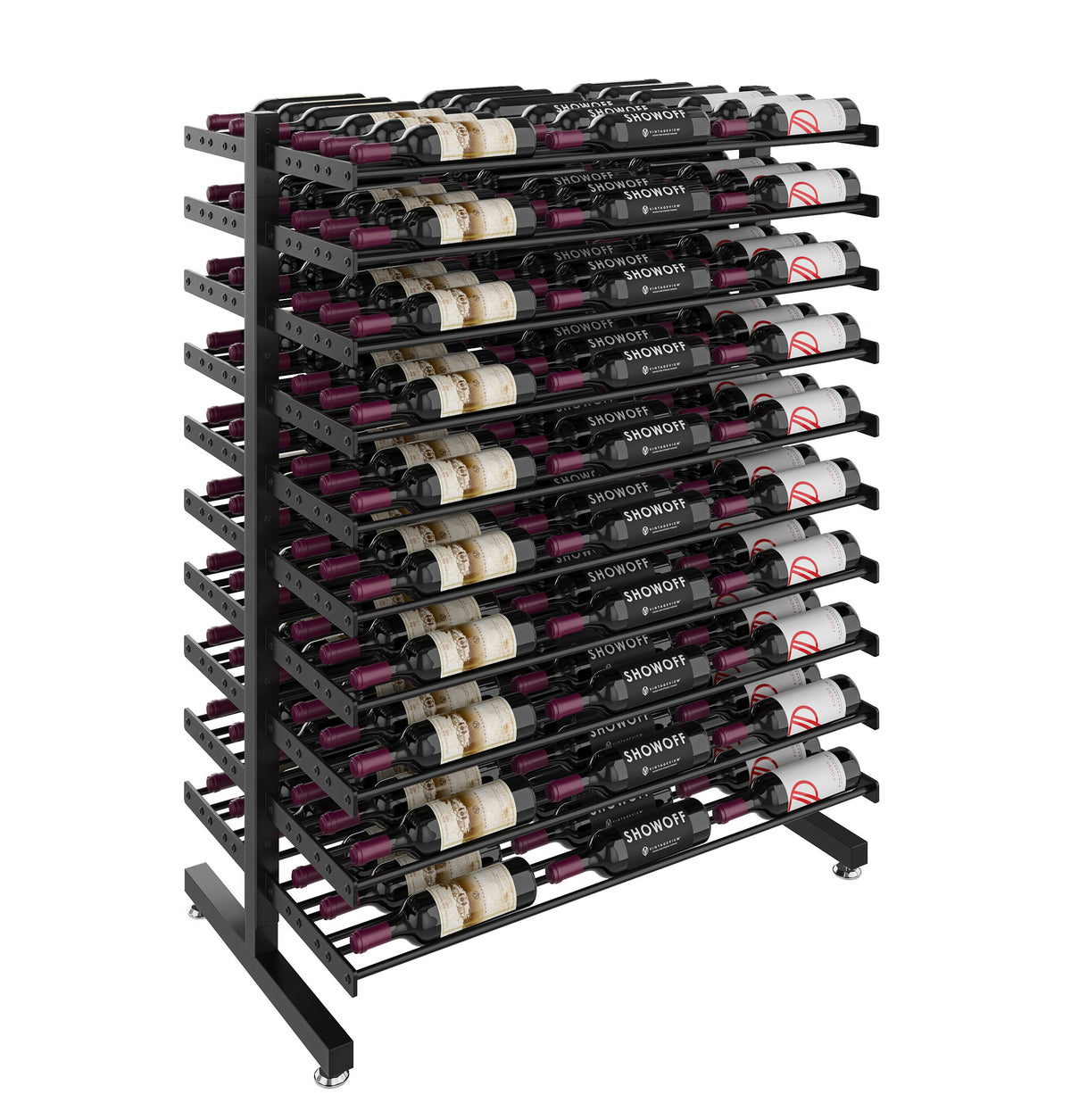Matte black double-sided wine bottle rack from side angle with multiple bottle holding rails