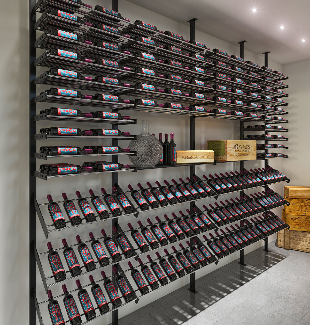 Large wall-mounted wine bottle rack display with rows of bottles and open shelving