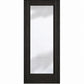 Full-length glass wine cellar door with square top, dark wood frame