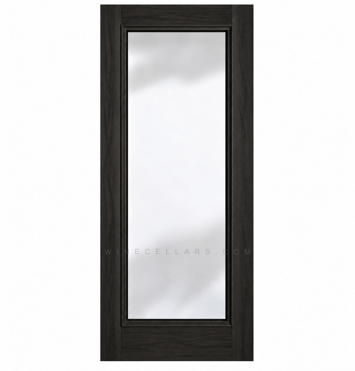 Full-length glass wine cellar door with square top, dark wood frame
