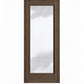 Full-length glass wine cellar door with square top, medium wood frame