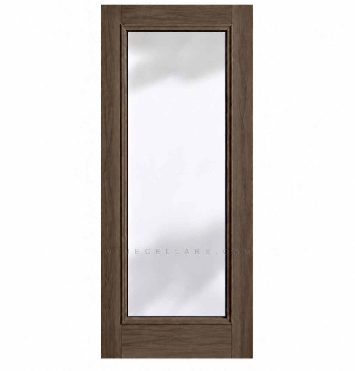 Full-length glass wine cellar door with square top, medium wood frame