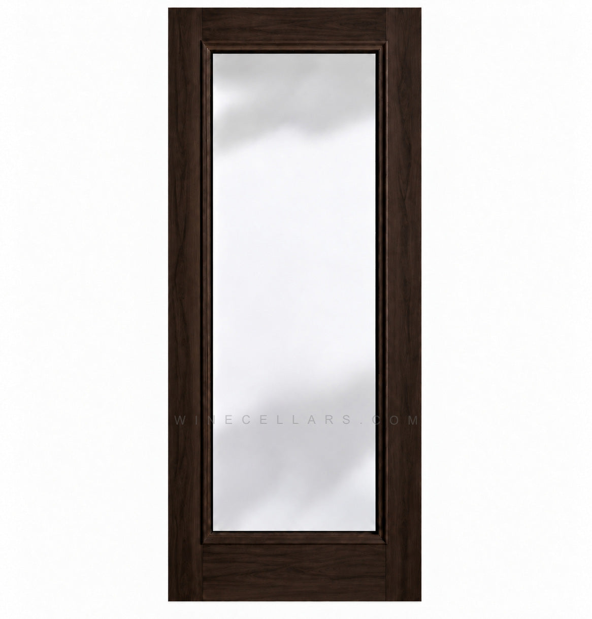 Full-length glass wine cellar door with square top, dark wood frame
