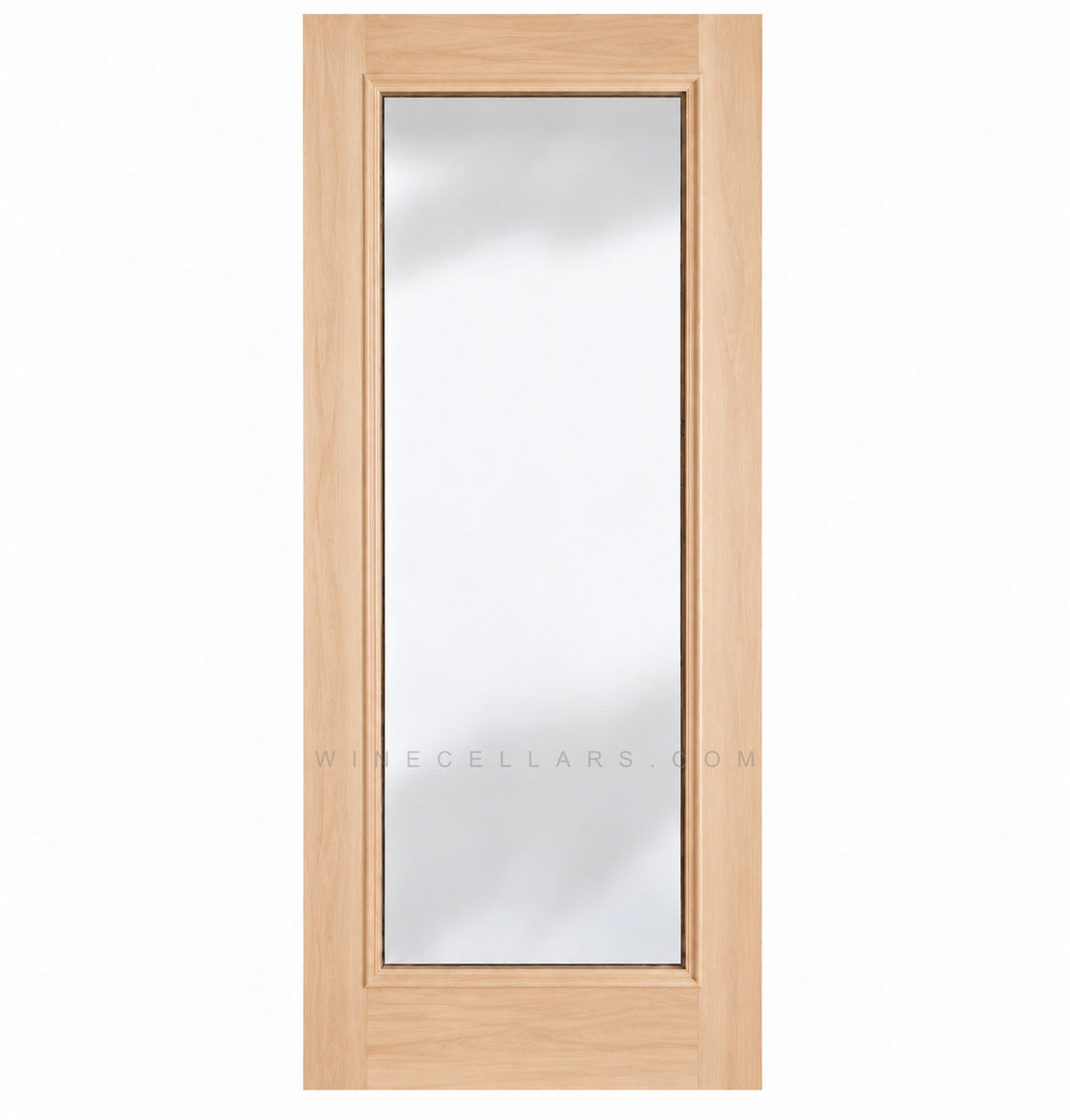 Wine cellar door with full-length glass, natural light wood frame, square top