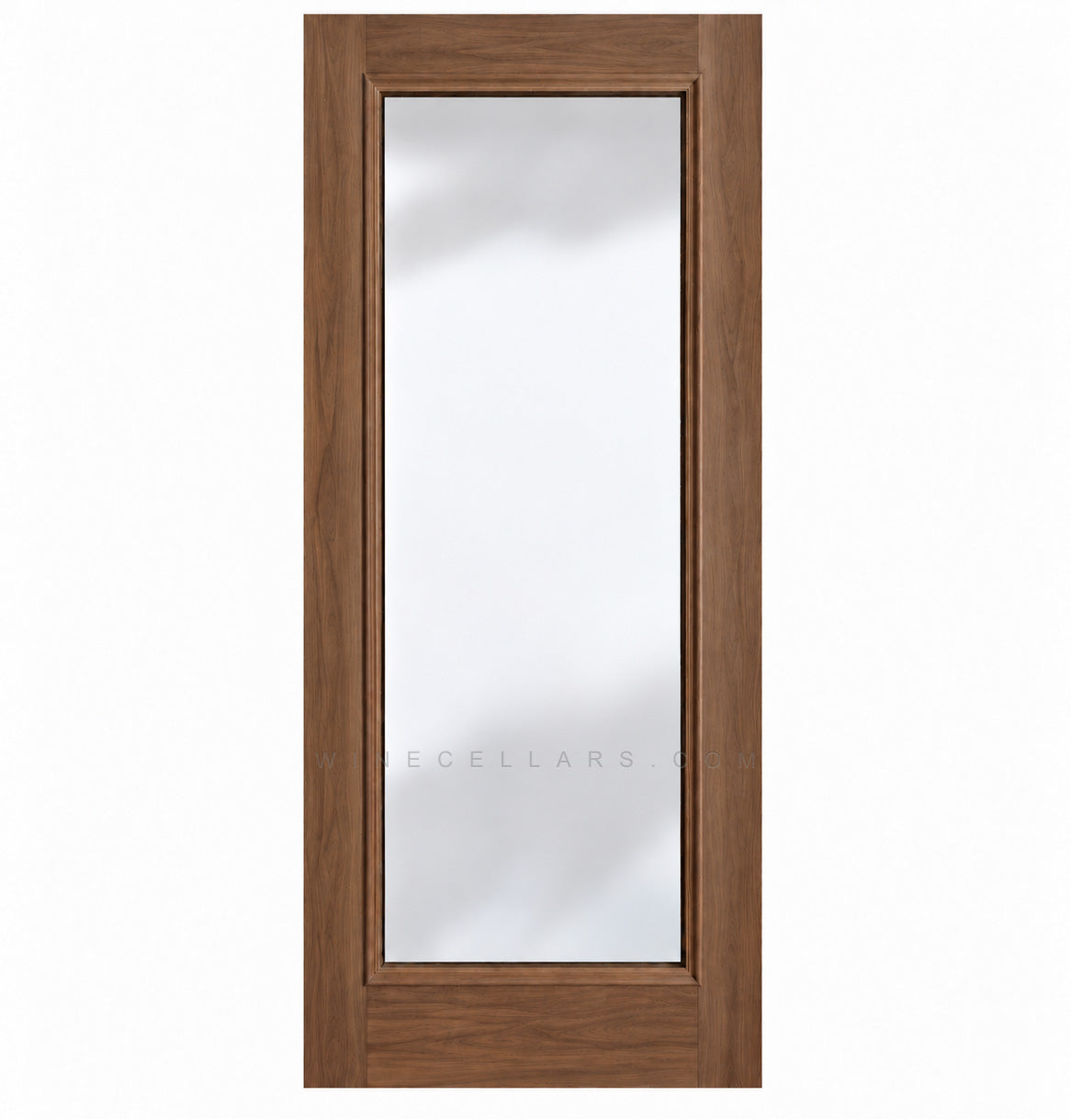 Full-length glass wine cellar door with square top, warm light wood frame